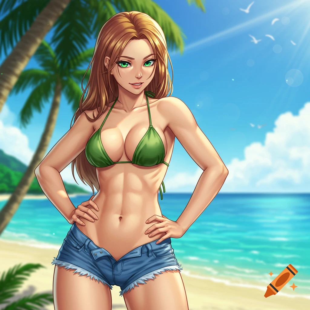 A semi-realistic anime-style illustration of a woman in a green bikini top and denim shorts posing on a tropical beach.