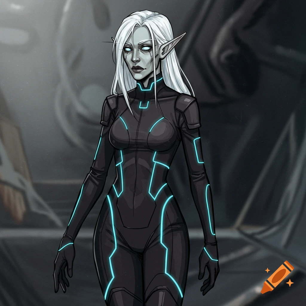 An undead elf woman with white hair and glowing eyes in a black sci-fi jumpsuit with blue glowing lines, in a hand-drawn style.