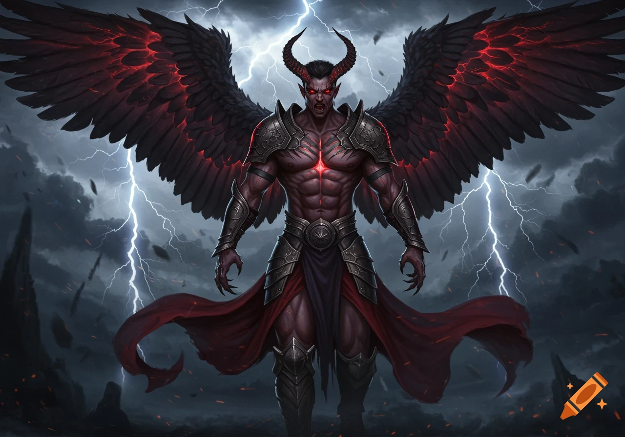A powerful, muscular demon-like figure with large black wings, horns, and glowing red eyes stands in a stormy sky with lightning, wearing dark armor and a red loincloth.