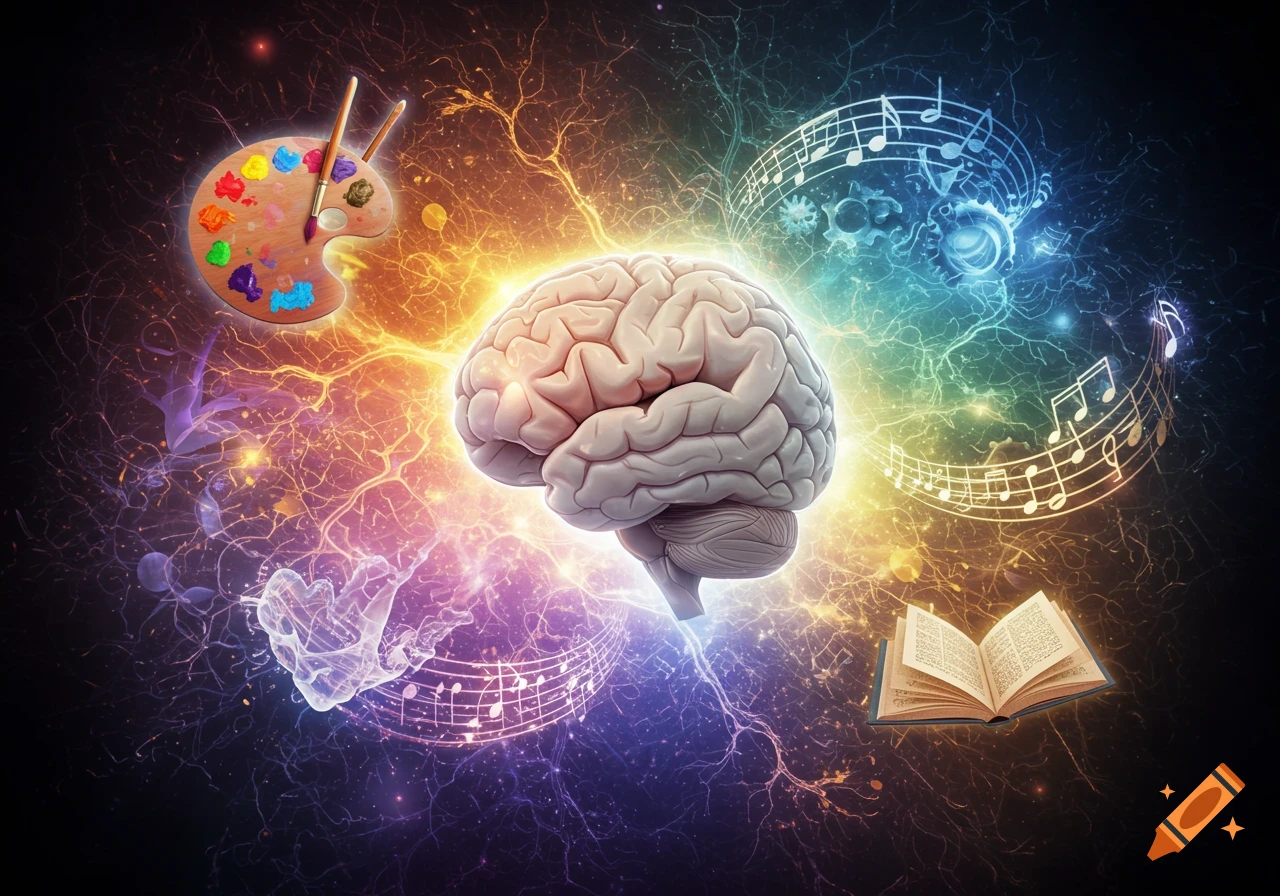 A vibrant image of a glowing human brain with abstract energy lines connecting it to a painter's palette, musical notes, and an open book.