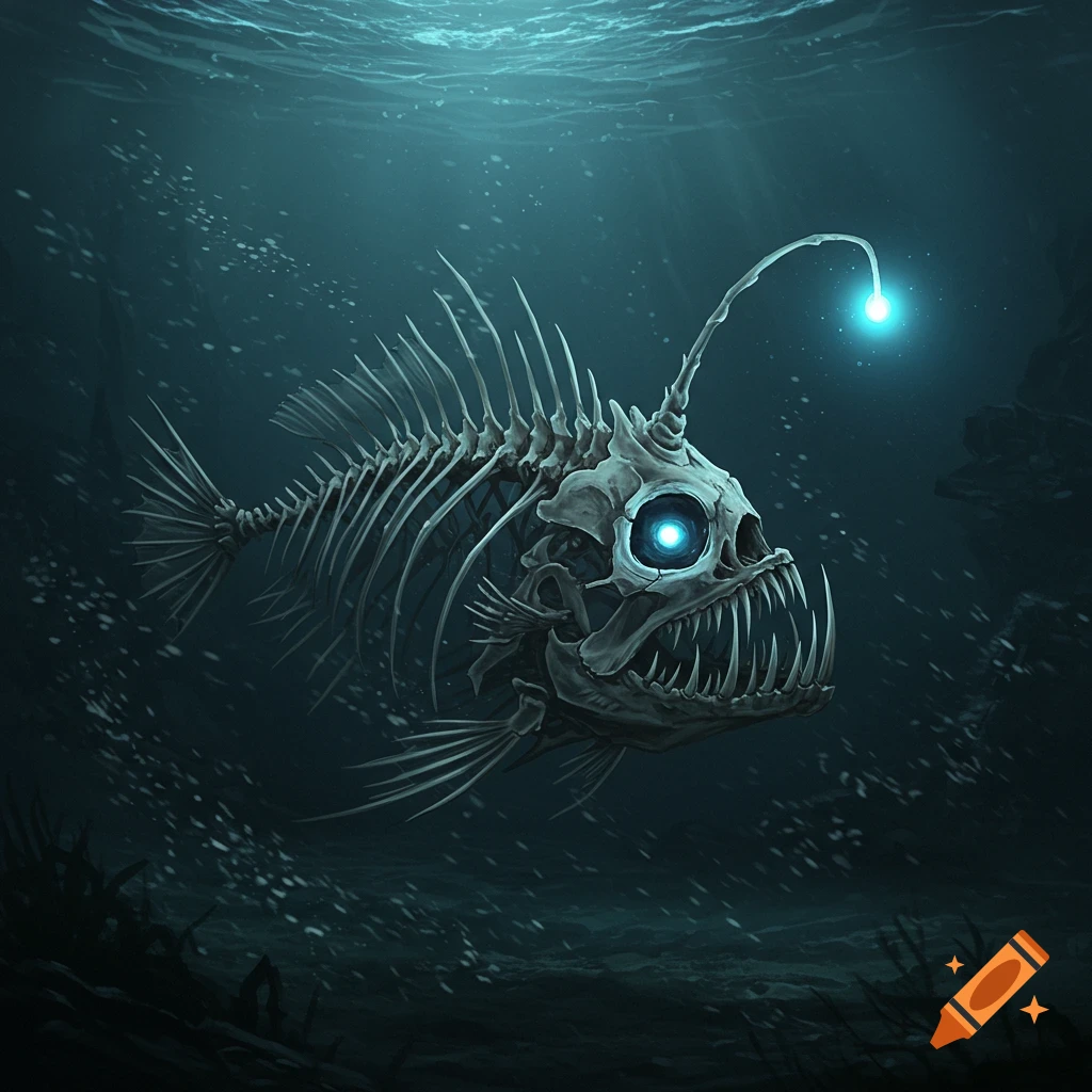 An anglerfish skeleton with glowing blue eyes and a bioluminescent lure swims in the dark deep ocean.