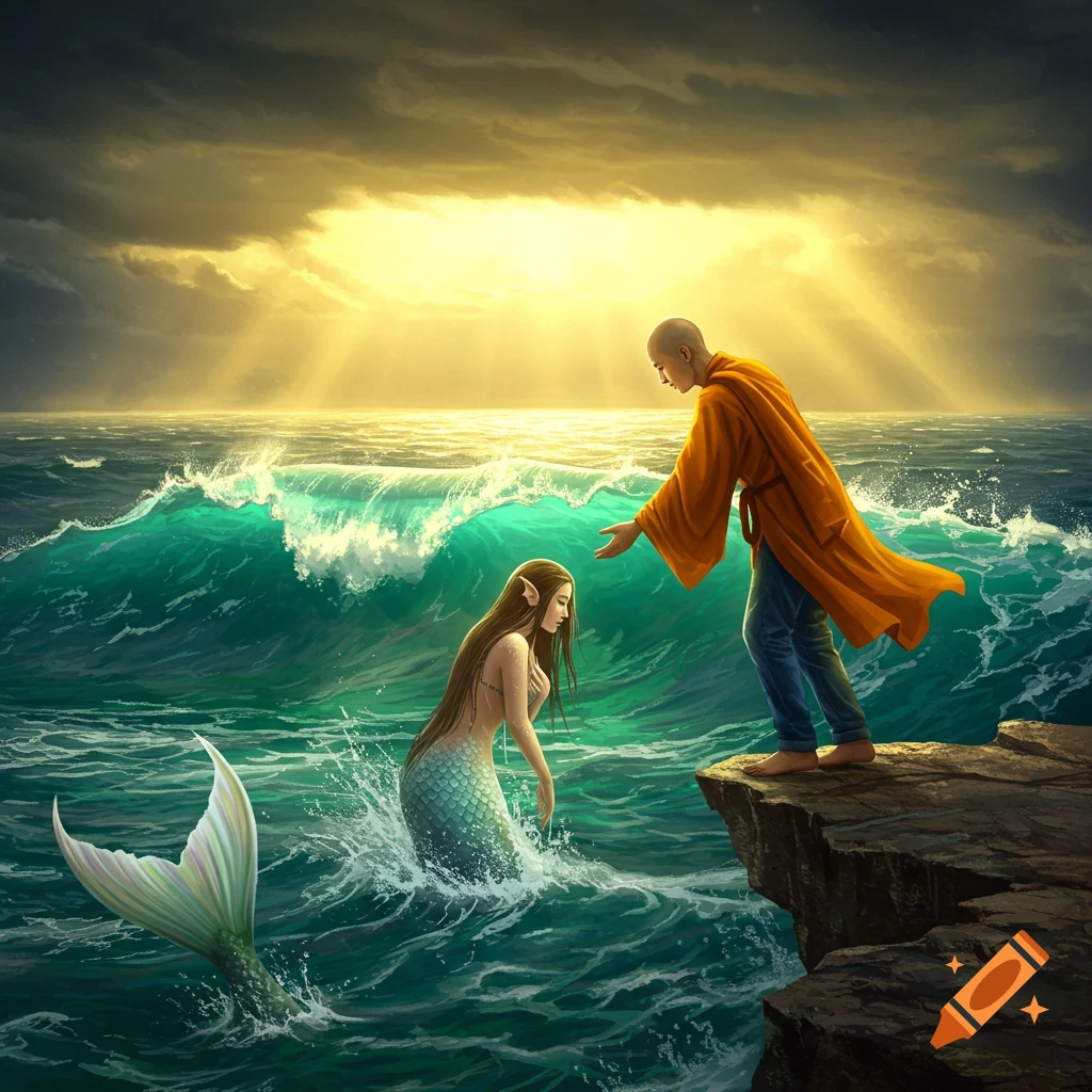 A monk in an orange robe stands on a cliff reaching out to a mermaid in rough ocean waves under a dramatic, sunlit sky, digital painting.