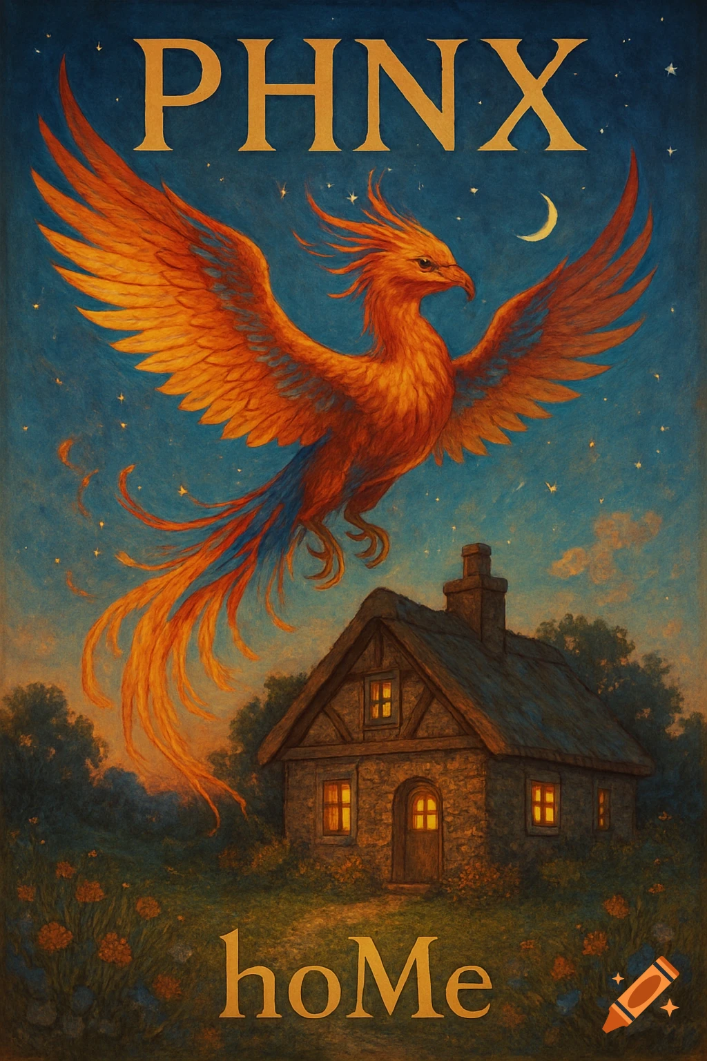 A vibrant phoenix flies over a quaint cottage under a starry night sky. 'PHNX' at the top, 'hoMe' at the bottom, in an illustrative style.