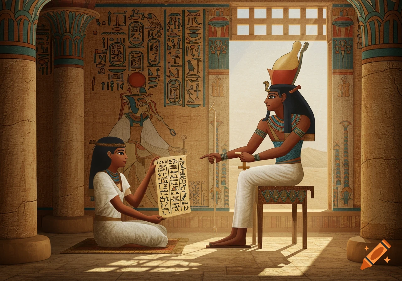 An illustration in ancient Egyptian style shows a student kneeling and holding a papyrus scroll, presenting it to a seated teacher in a grand hall with hieroglyph-decorated columns and walls.