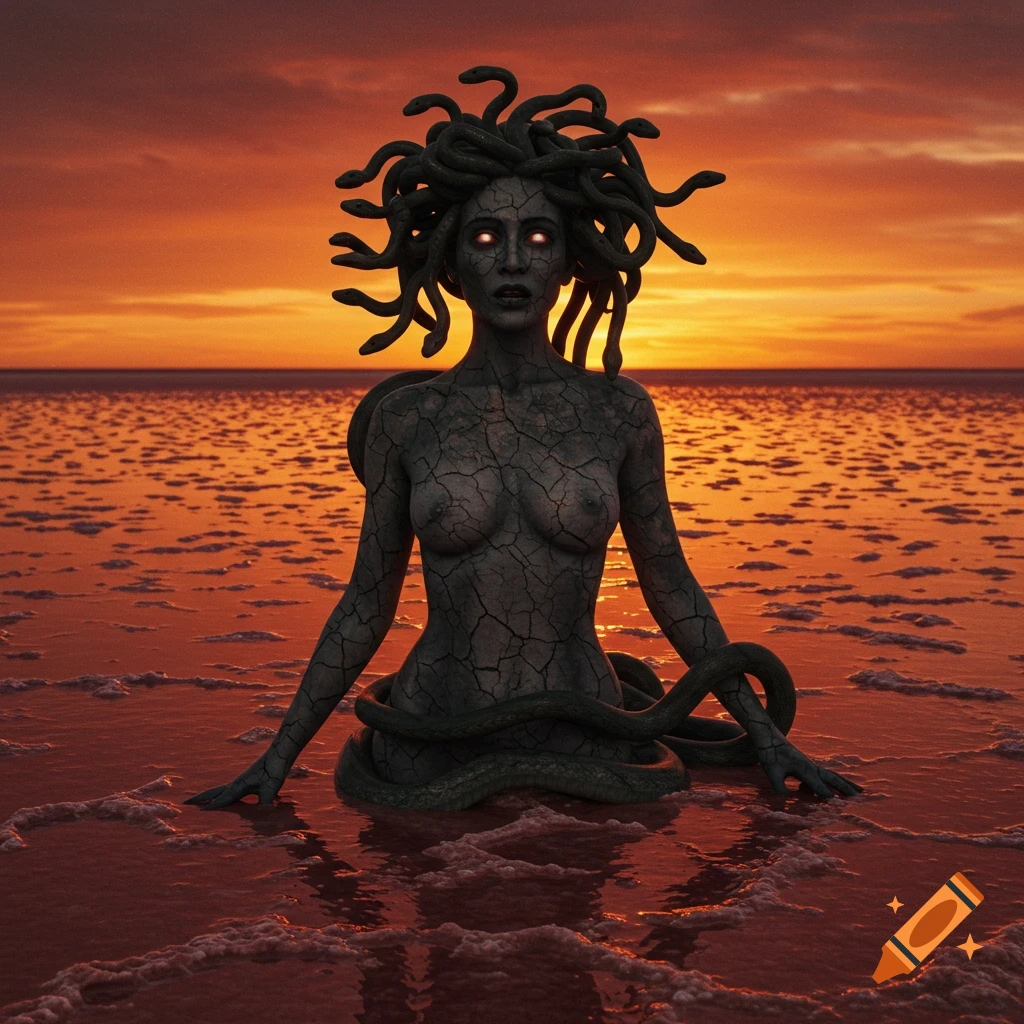 Photorealistic Medusa-like figure with cracked stone skin and snake hair, standing in a glowing red salt lake at sunset.