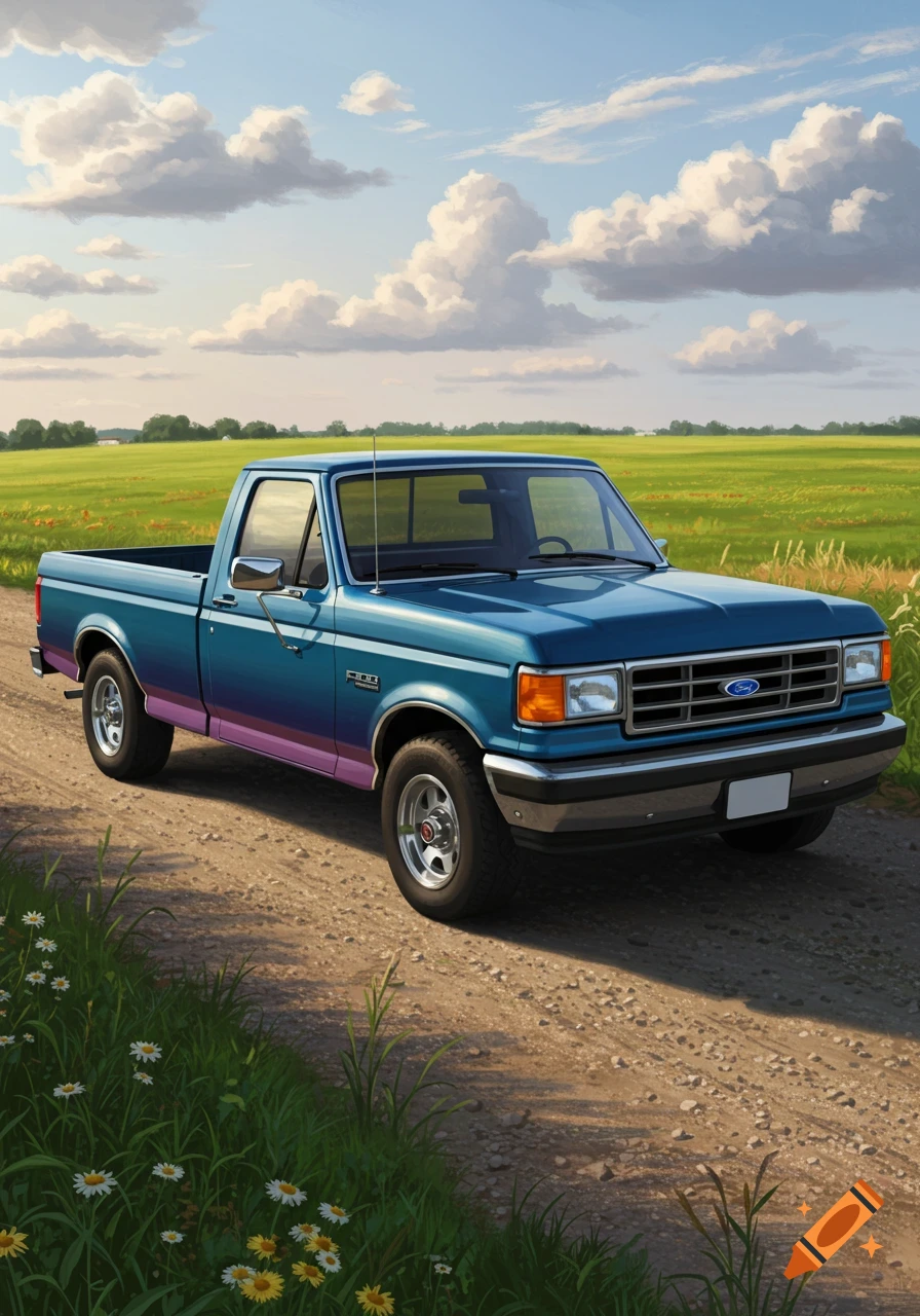 A blue and purple gradient 1991 Ford F-150 pickup truck is parked on a dirt road in a green field under a partly cloudy sky.