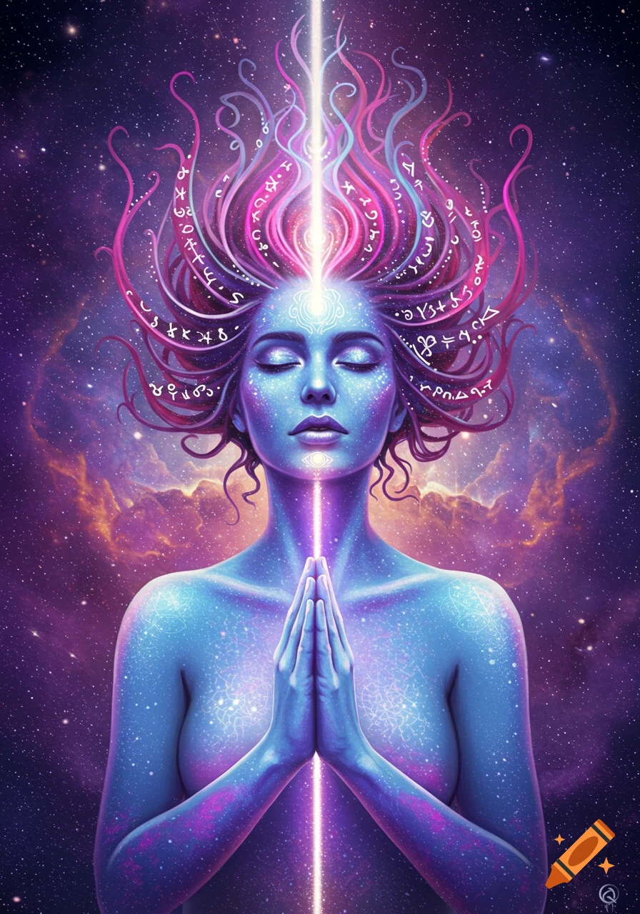 A visionary woman with closed eyes meditates, glowing with cosmic energy. Light streams from her crown and heart chakra, surrounded by swirling pink and purple hair adorned with mystical symbols. Her skin is blue and speckled with stars against a galactic background.