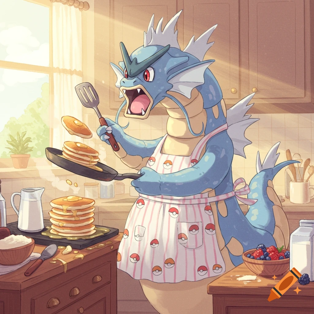 The Pokémon Gyarados wearing an apron, cooking pancakes in a sunlit kitchen.