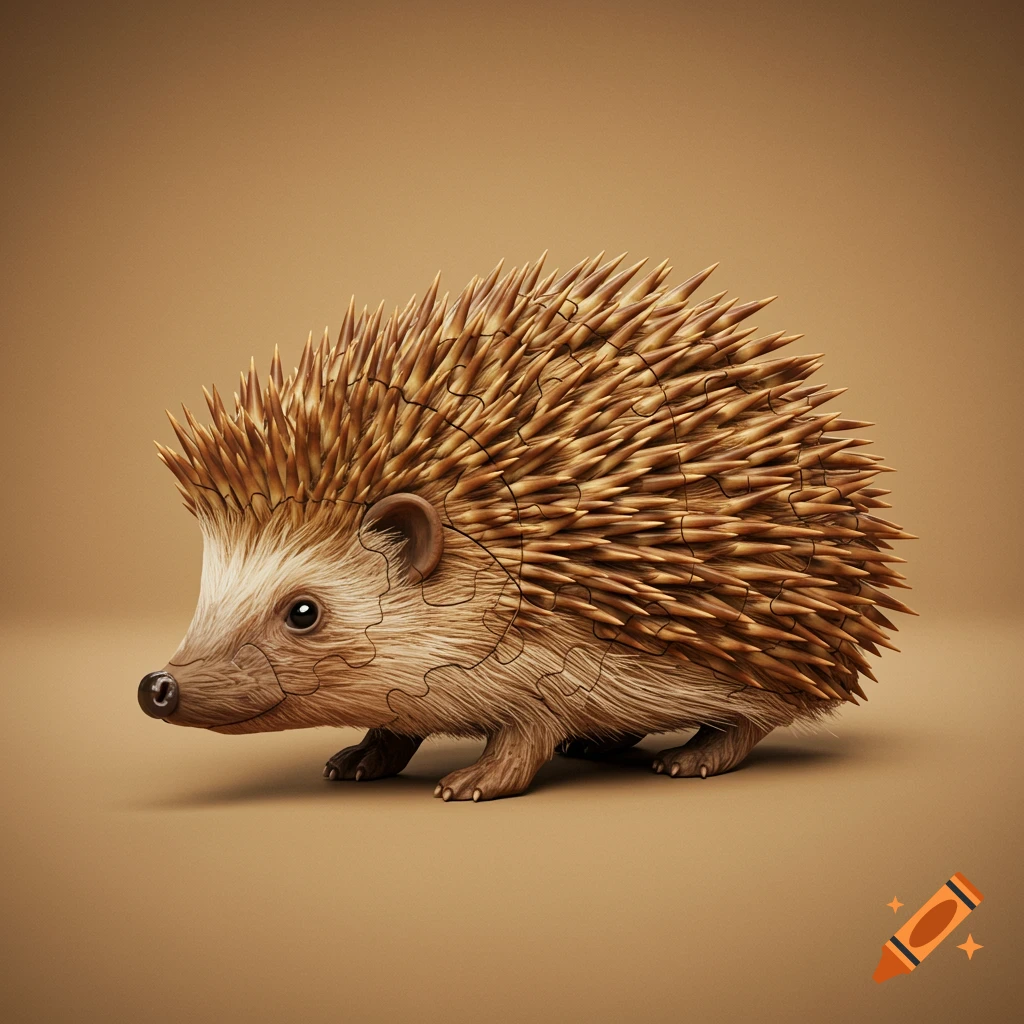 A photorealistic hedgehog made of jigsaw puzzle pieces on a plain brown background.