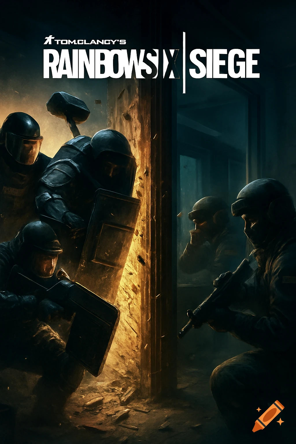 Action-packed poster for Rainbow Six Siege showing tactical operators breaching a door while enemies prepare inside a dimly lit urban apartment.