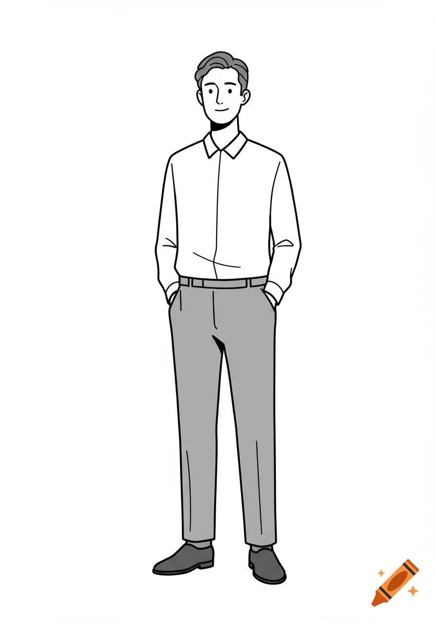 A simple line drawing of a man standing, wearing a white shirt and grey pants, with his hands in his pockets.
