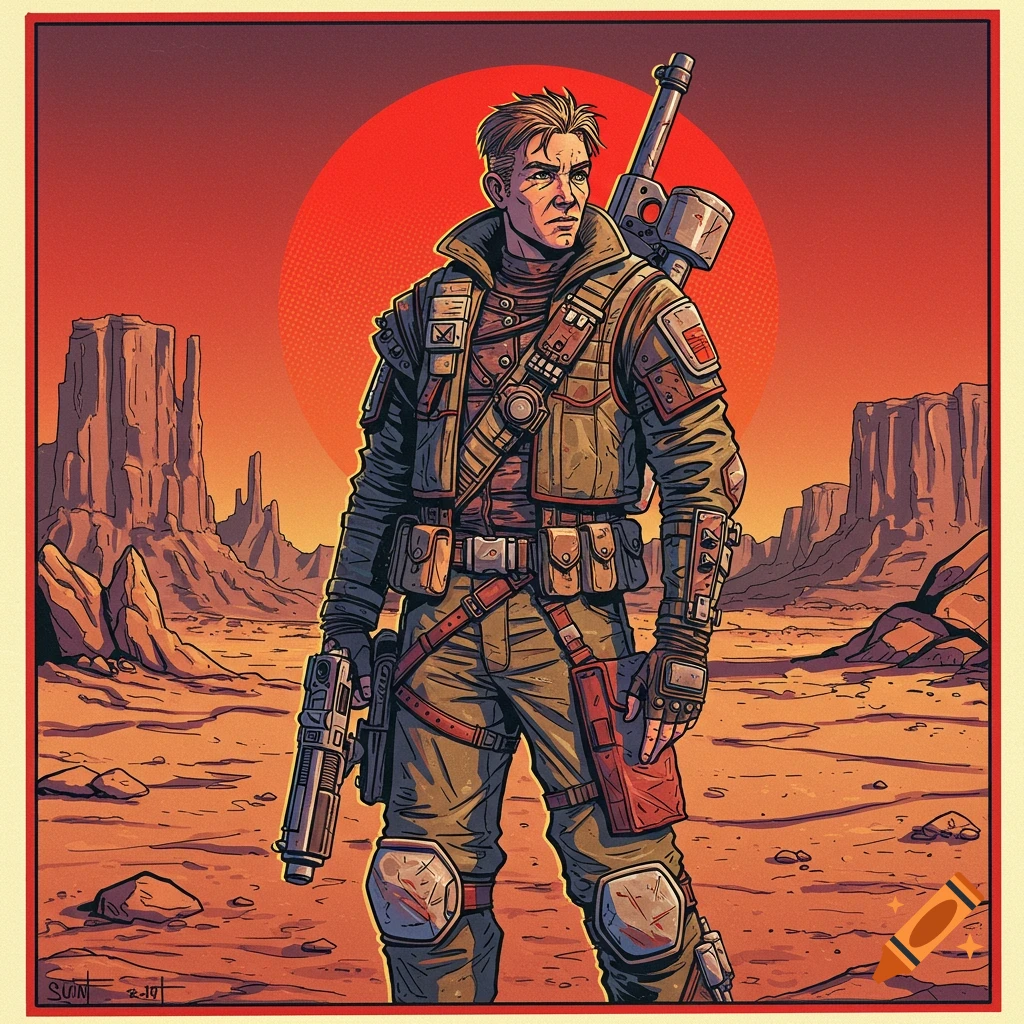 A male character in tactical gear holds a pistol in a desert landscape with mesas and a red sky, in a 1980s comic art style.