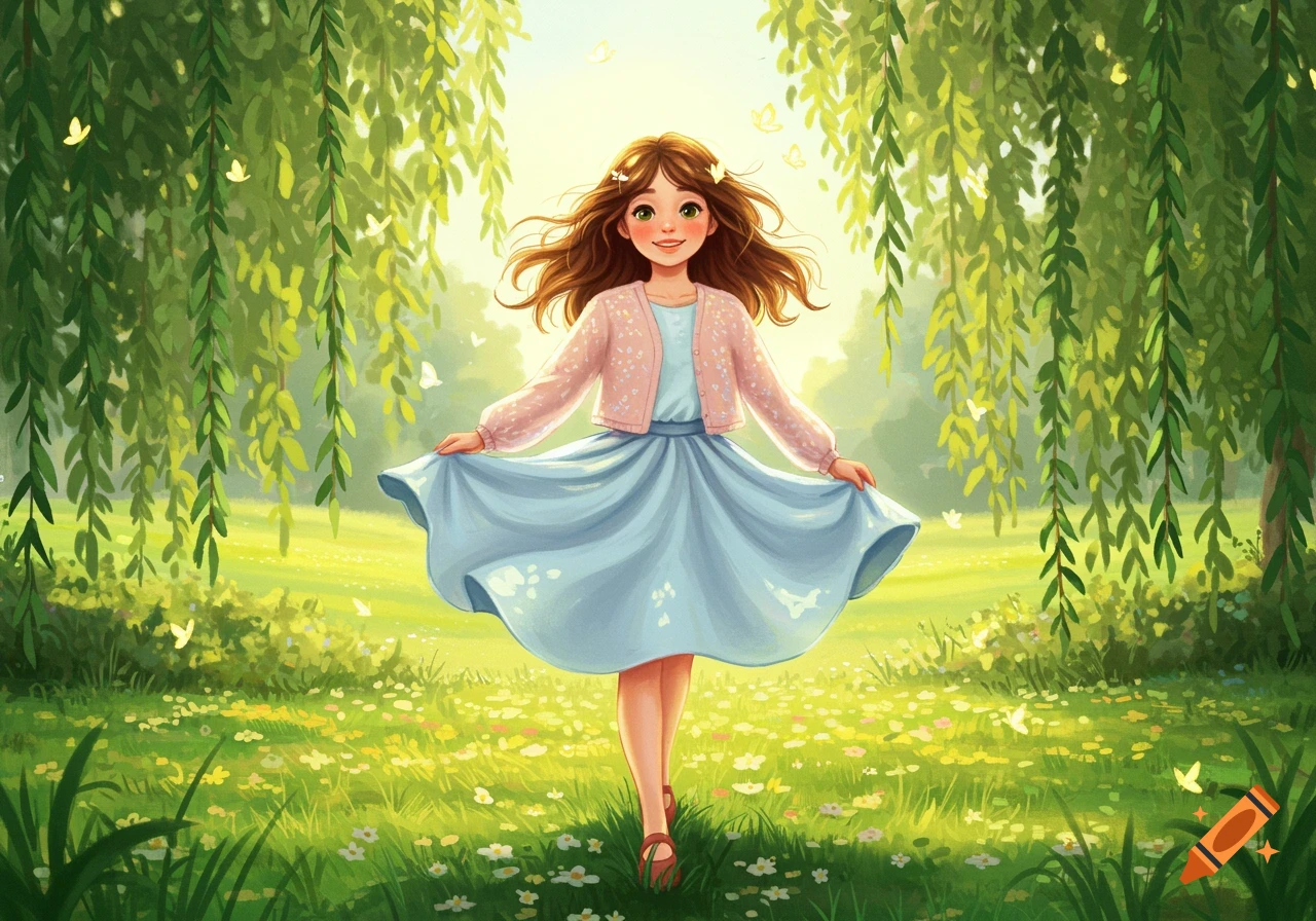 A smiling girl in a blue dress and pink cardigan stands in a vibrant green field under willow trees with butterflies, in a cheerful illustration style.