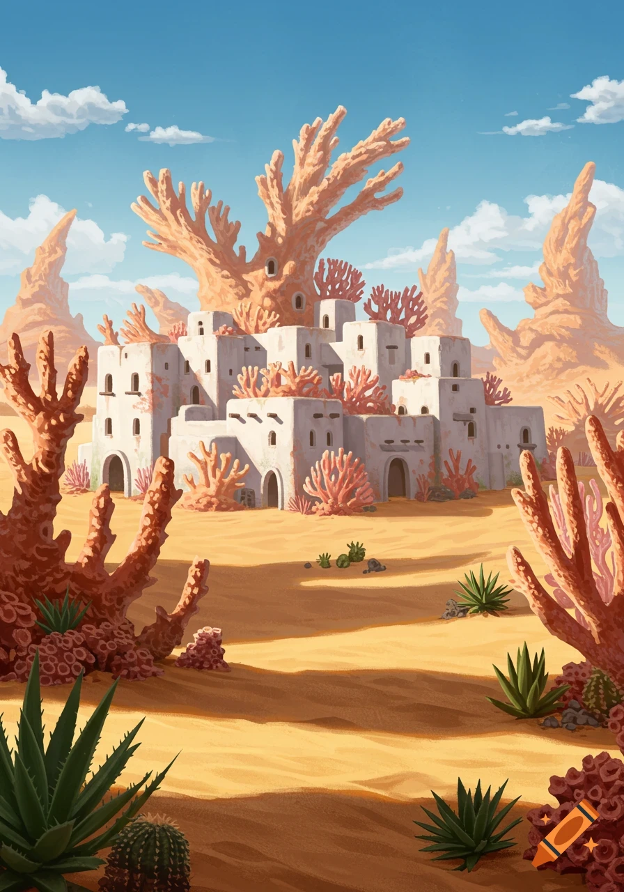 An illustrated view of a white adobe-style town surrounded by giant bleached coral formations in a vibrant orange desert under a blue sky.