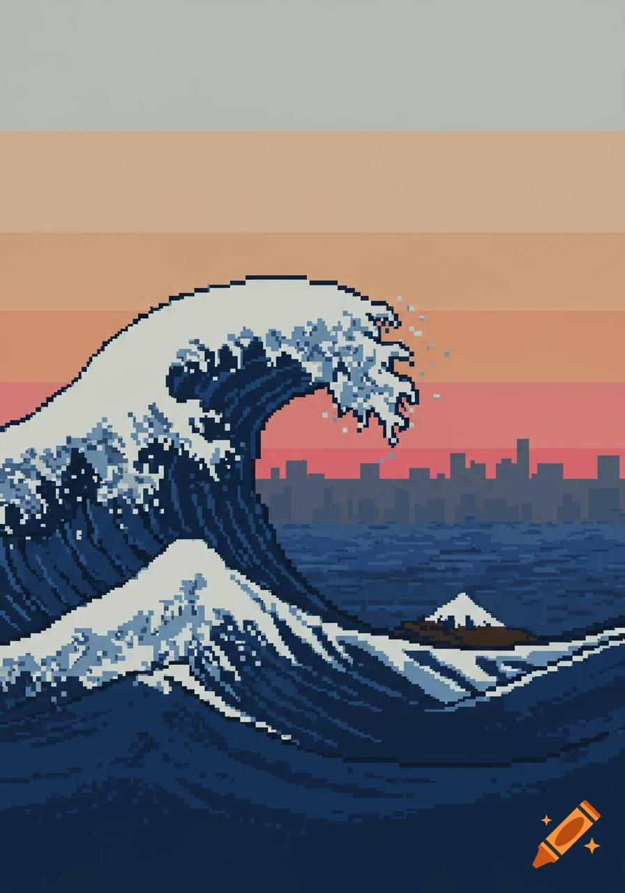 Pixel art depiction of a large blue and white wave with a city skyline and distant mountain under a gradient sky.