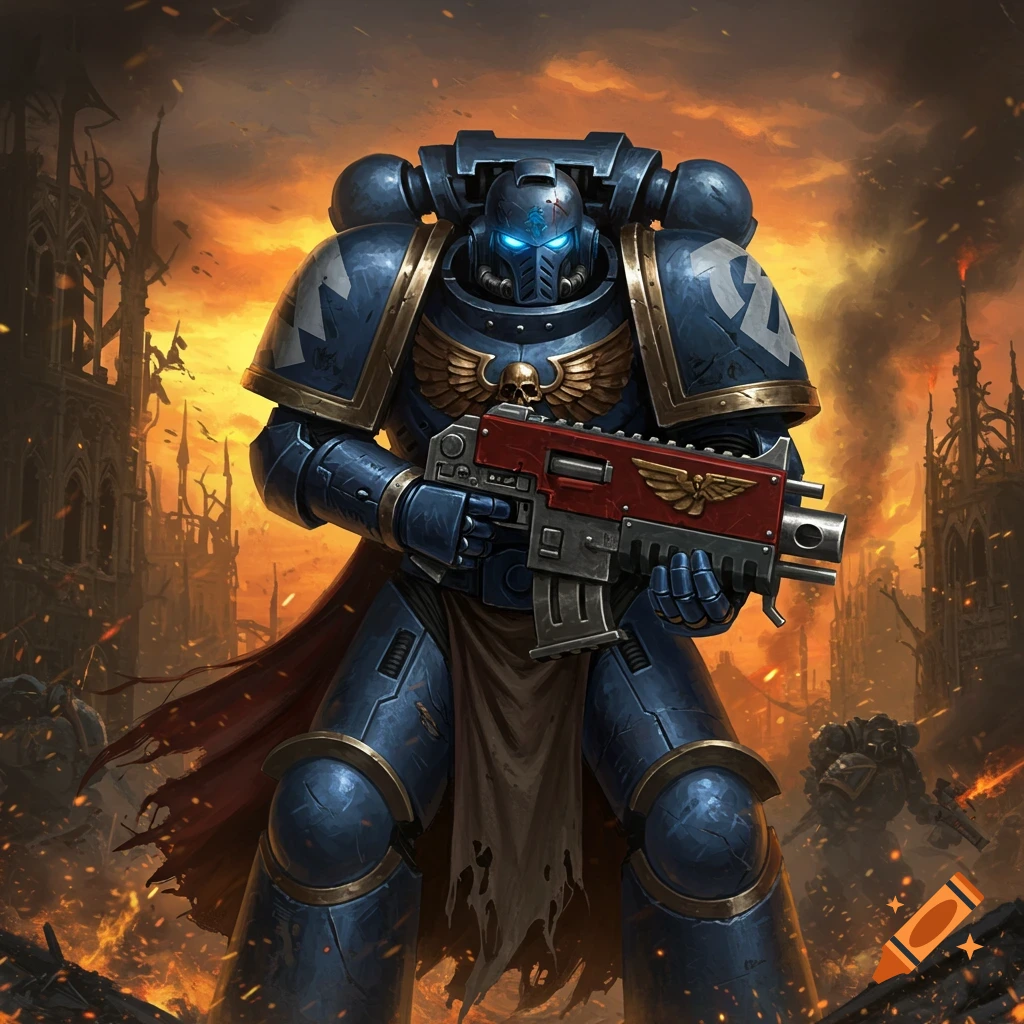 A towering Warhammer 40,000 Space Marine in blue power armor with glowing eyes, holding a bolter, stands in a fiery, ruined city.
