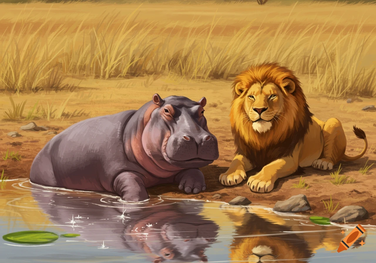 An illustration of a hippo partially submerged in water next to a lounging lion on dry ground in a grassy savanna.