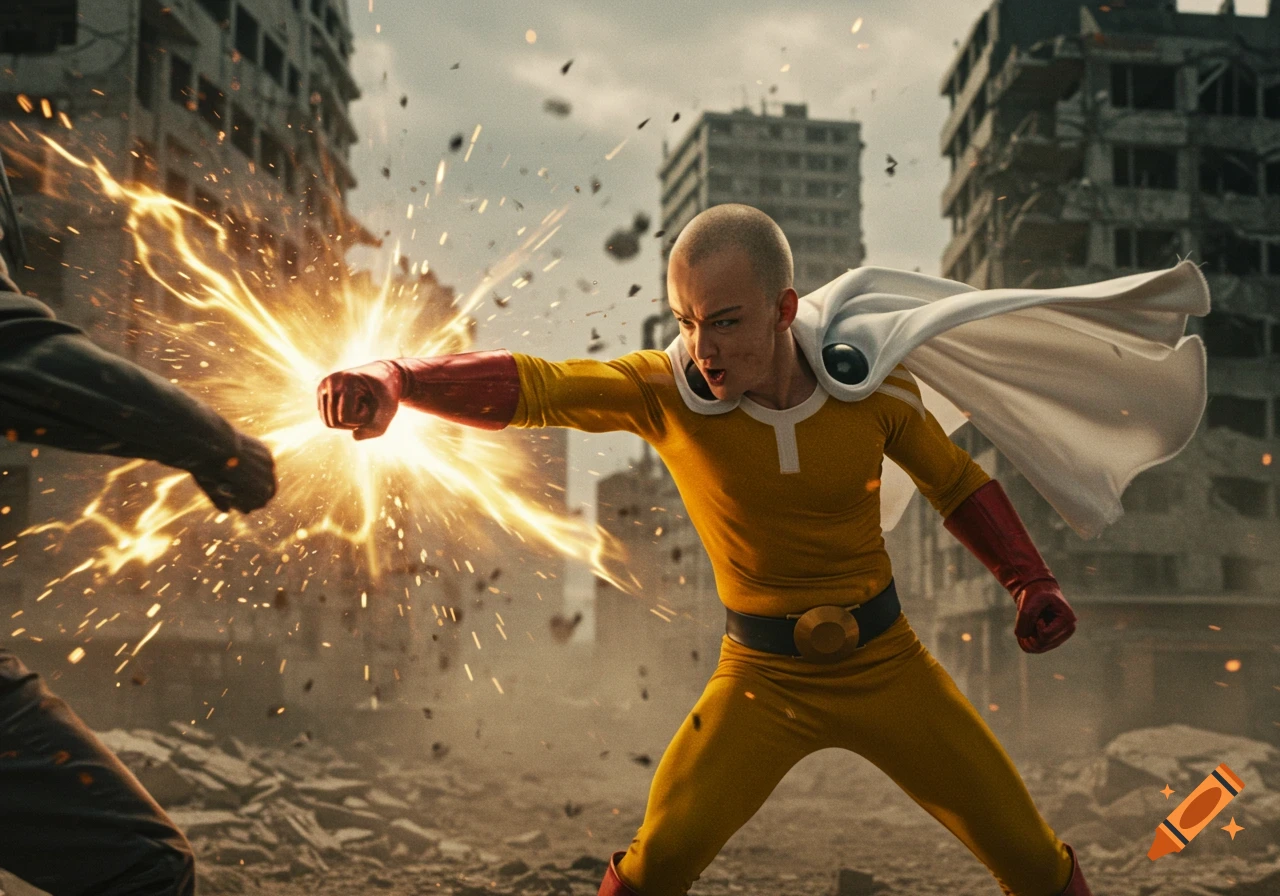 A bald man in a yellow superhero suit with a white cape punches, creating a bright energy blast in a destroyed city.