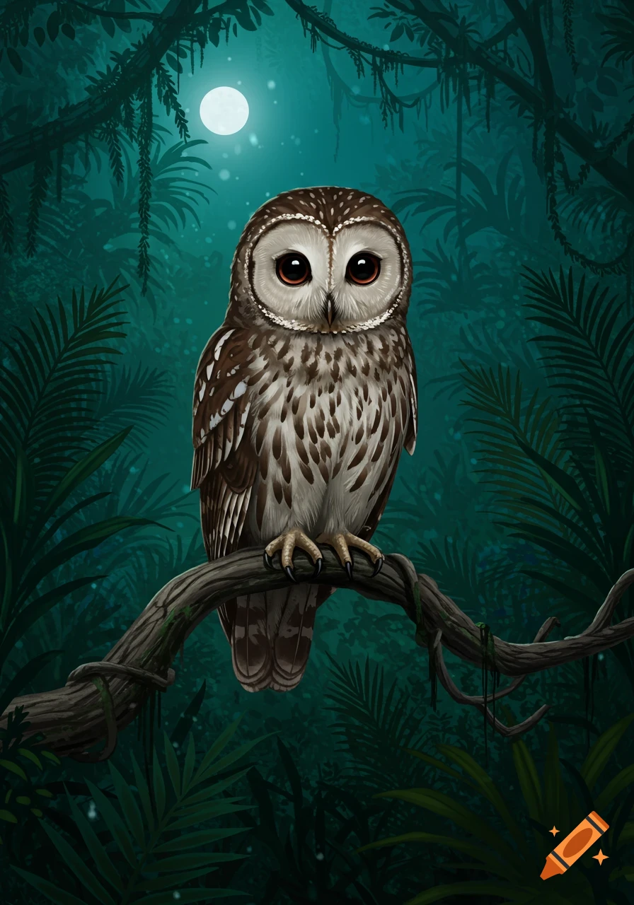 A wide-eyed owl with brown and white feathers perches on a branch in a dark, lush jungle under a full moon, in an illustrative style.