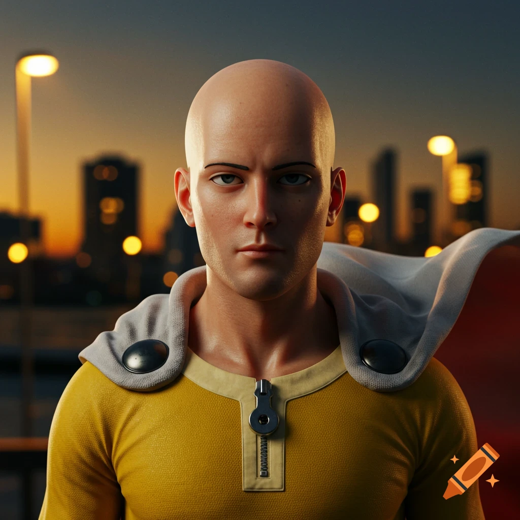 Realistic portrait of Saitama from One Punch Man in his yellow suit and white cape, against a blurred city sunset background.