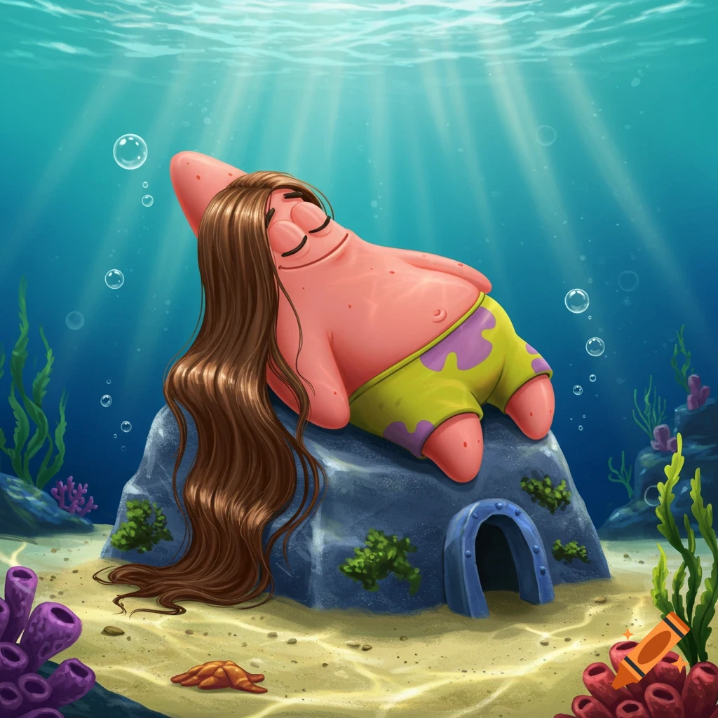 Cartoon illustration of Patrick Star with long brown hair sleeping peacefully on his rock underwater, surrounded by coral and bubbles.