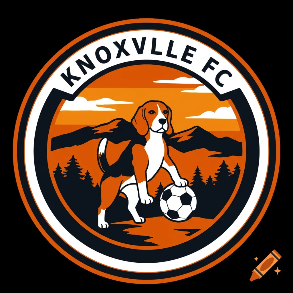 Circular Knoxville FC soccer crest with a beagle, soccer ball, mountains, and sunset in orange, black, and white.