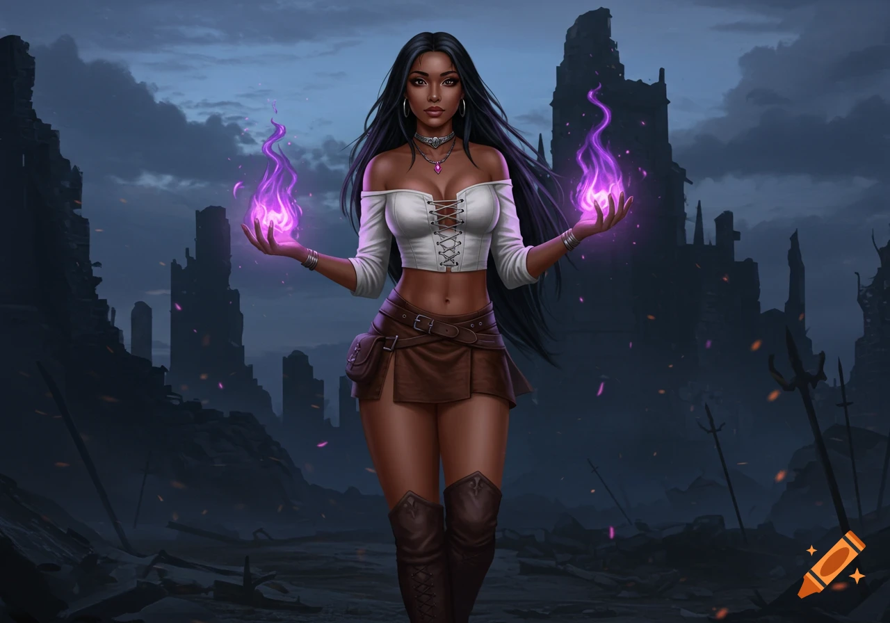A sorceress with long dark hair and caramel skin stands in a ruined battlefield, holding glowing purple fire in her hands. Digital fantasy art.
