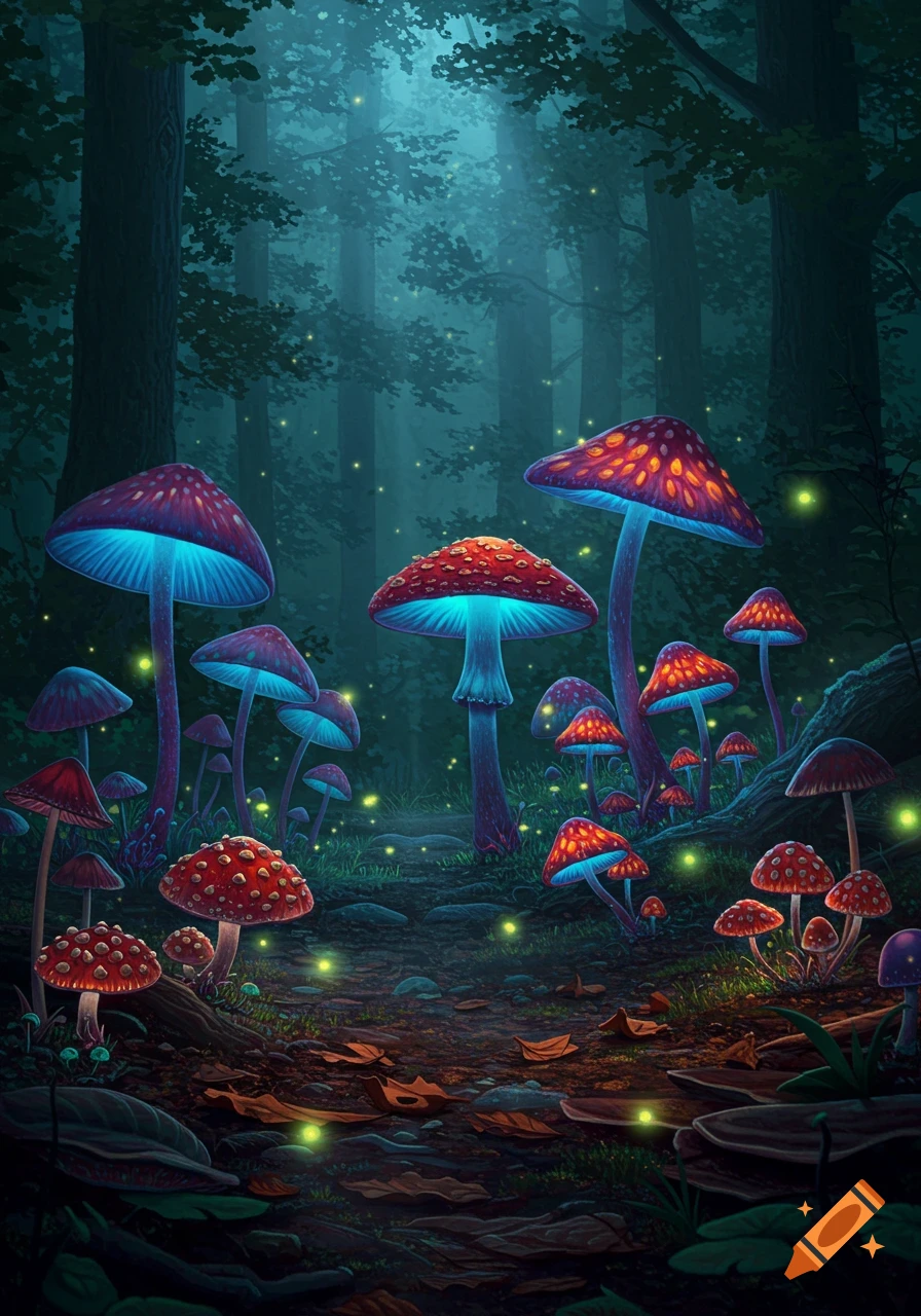 A mystical forest at night filled with glowing blue and red mushrooms and fireflies, in a fantastical art style.