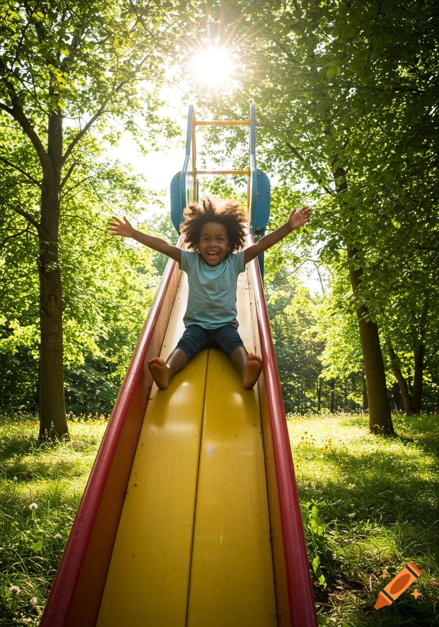 A joyful young Black child with curly hair slides down a yellow and red playground slide in a sunny park with green trees.