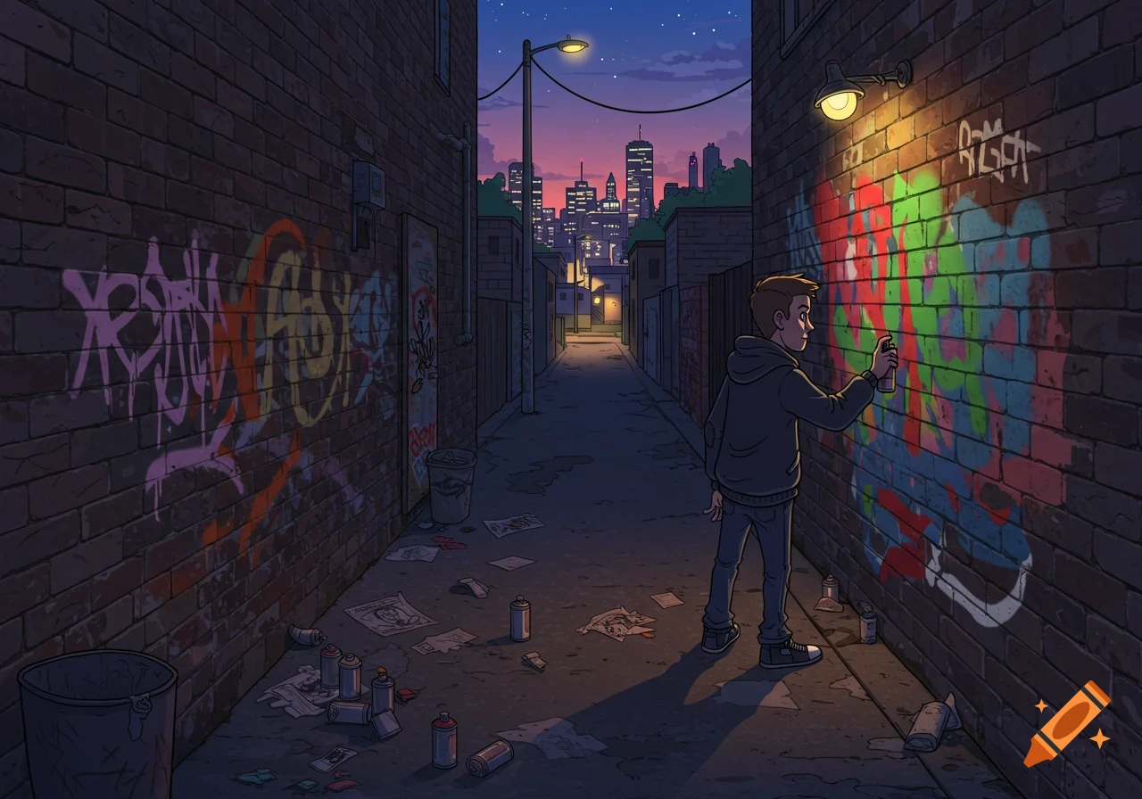 A cartoon teenager in a black hoodie spray paints colorful graffiti on a brick wall in a dark alley at night, with city lights in the background.