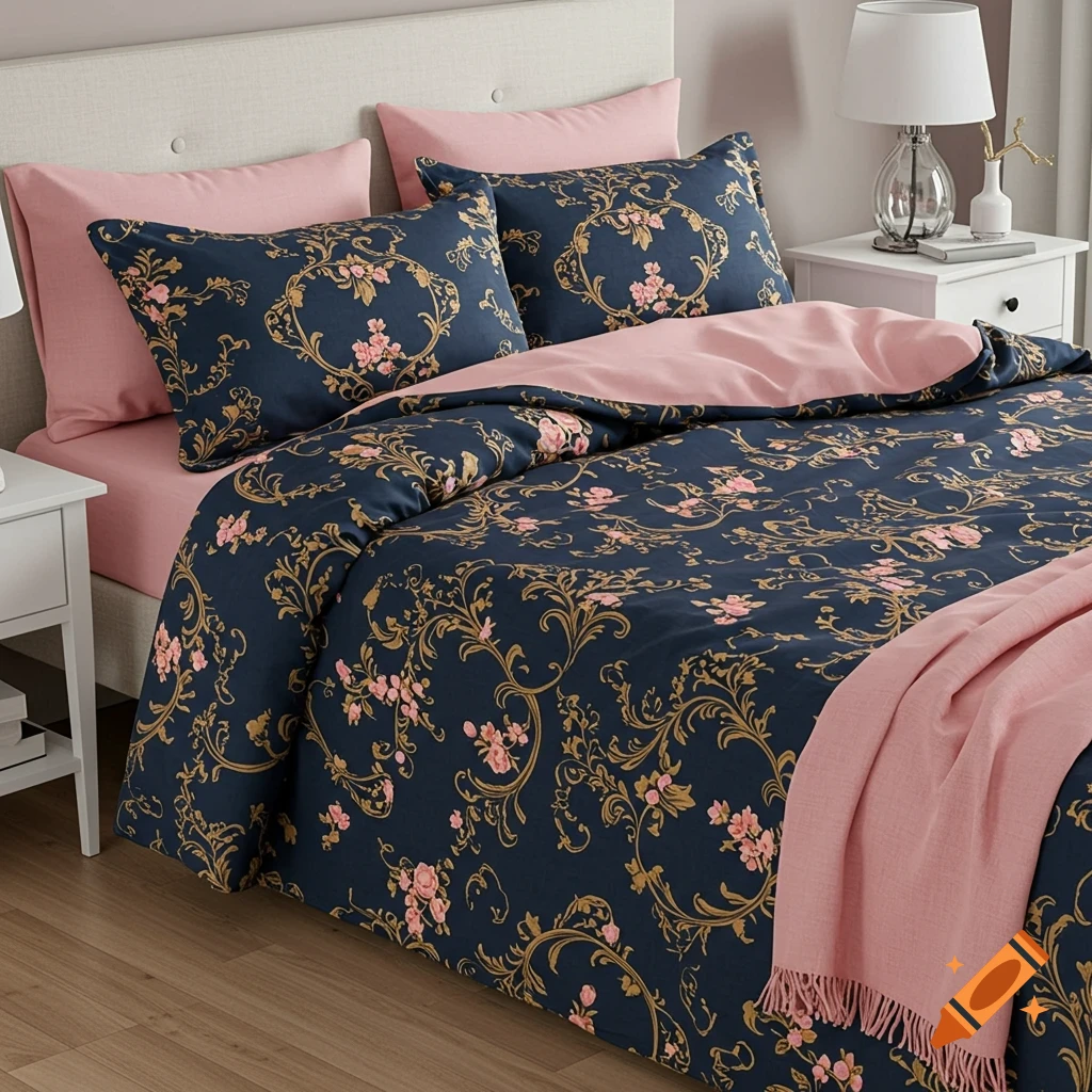 A bed with navy blue and pink floral patterned duvet and pillows, with a pink flat sheet and throw blanket. A nightstand with a lamp is next to the bed.