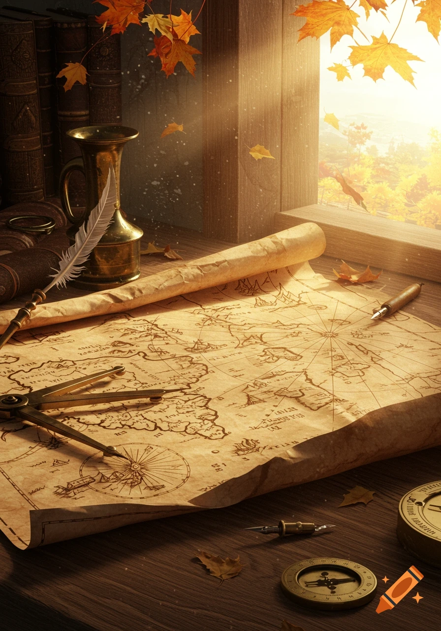 A vintage explorer's desk with an old map, compasses, quill, and inkwell, bathed in warm light from a window overlooking an autumn landscape.