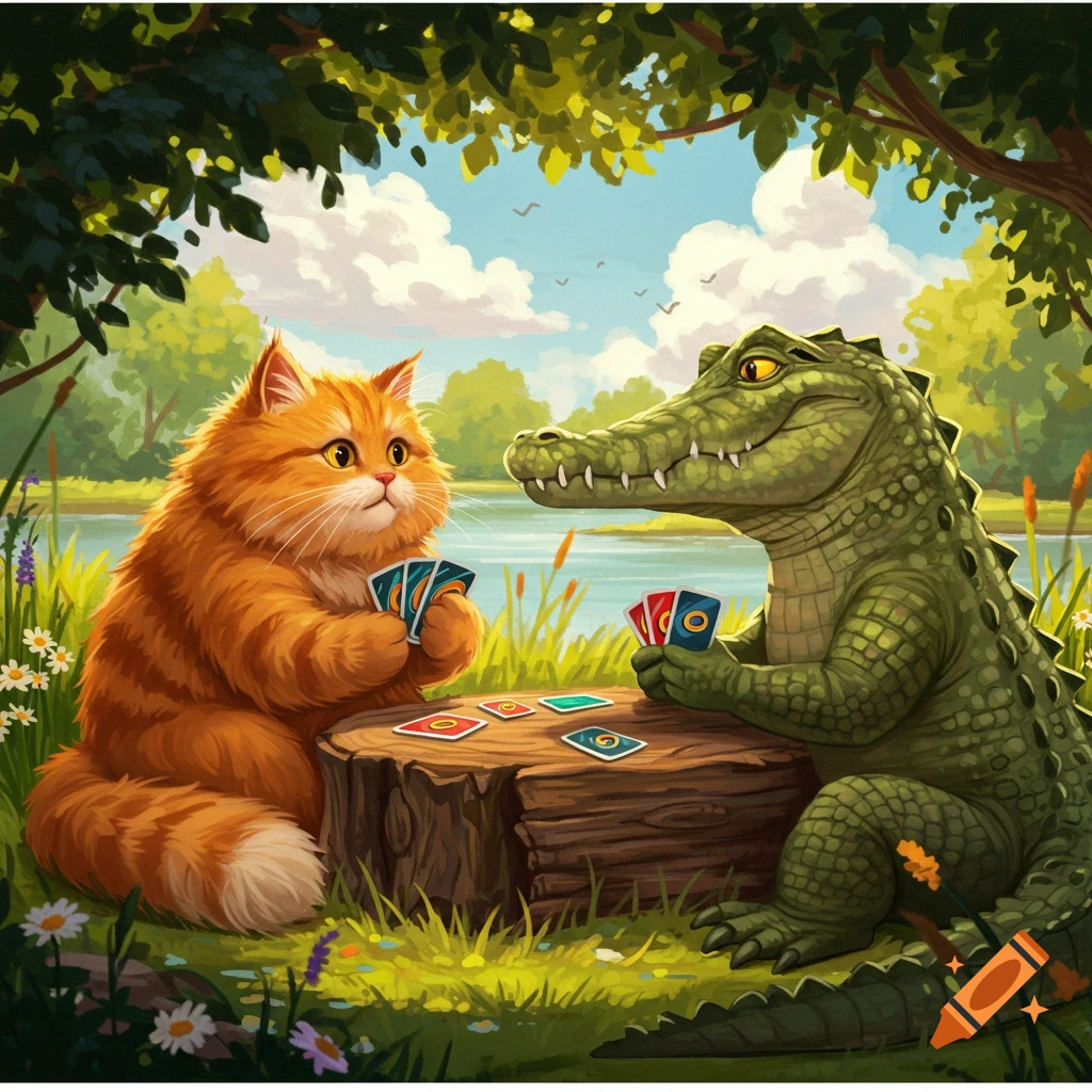 A fluffy orange cat and a green crocodile play a card game at a tree stump by a lake.