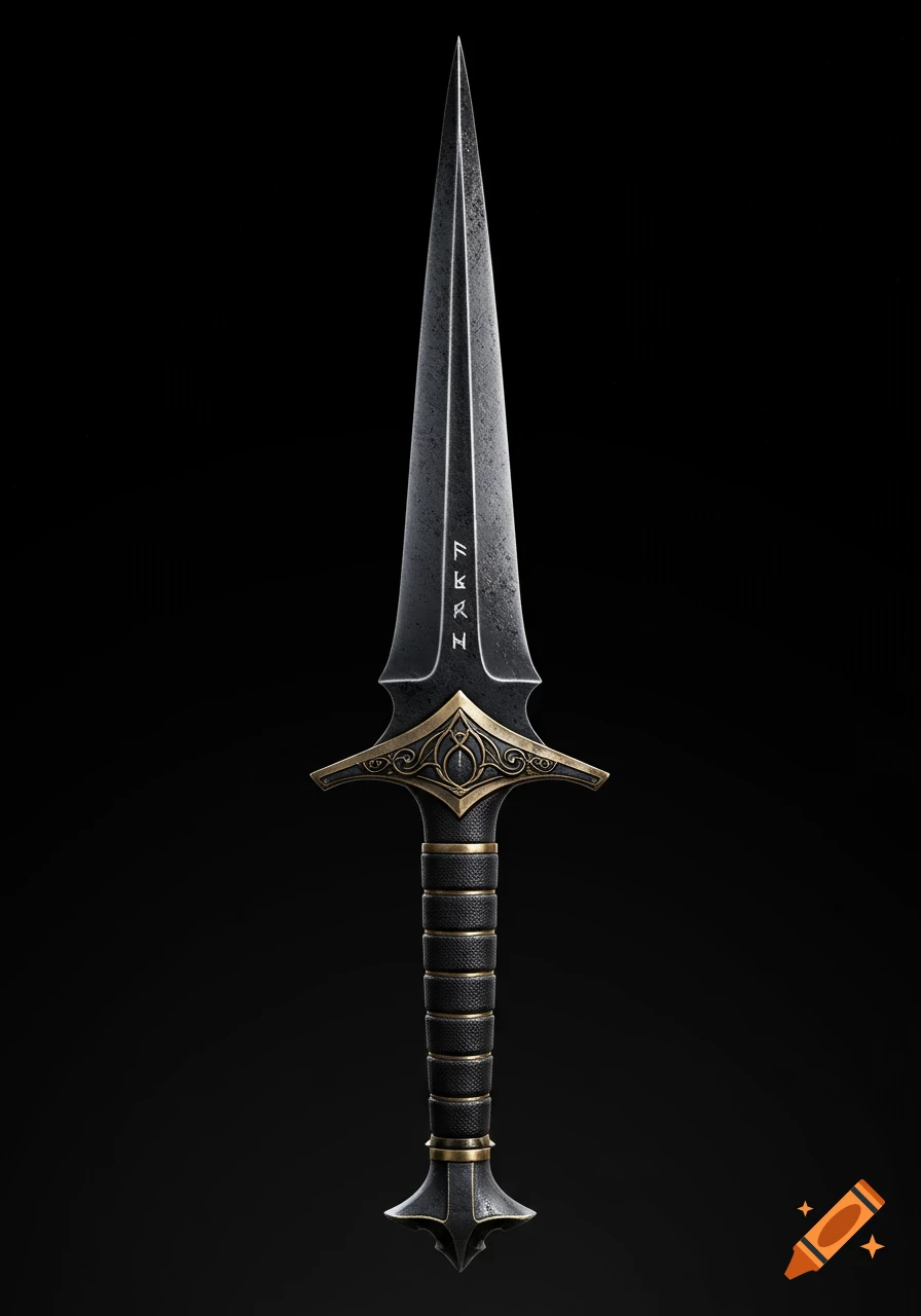 A detailed, dark fantasy dagger with golden accents and runes on the blade, against a black background.