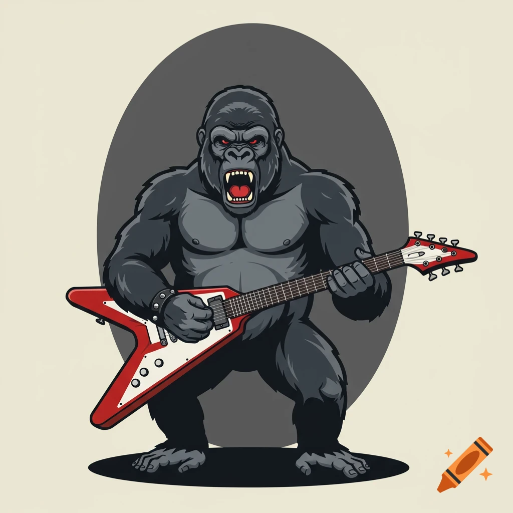 An angry silverback gorilla with red eyes playing a red and white Flying V electric guitar.