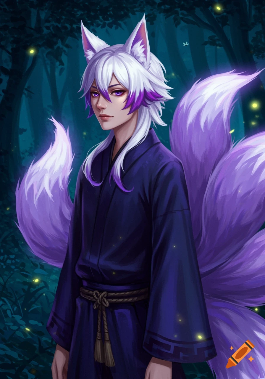 An anime boy with white hair, purple tips, purple eyes, fox ears, and multiple purple fox tails, wearing a dark blue kimono in a forest at night.