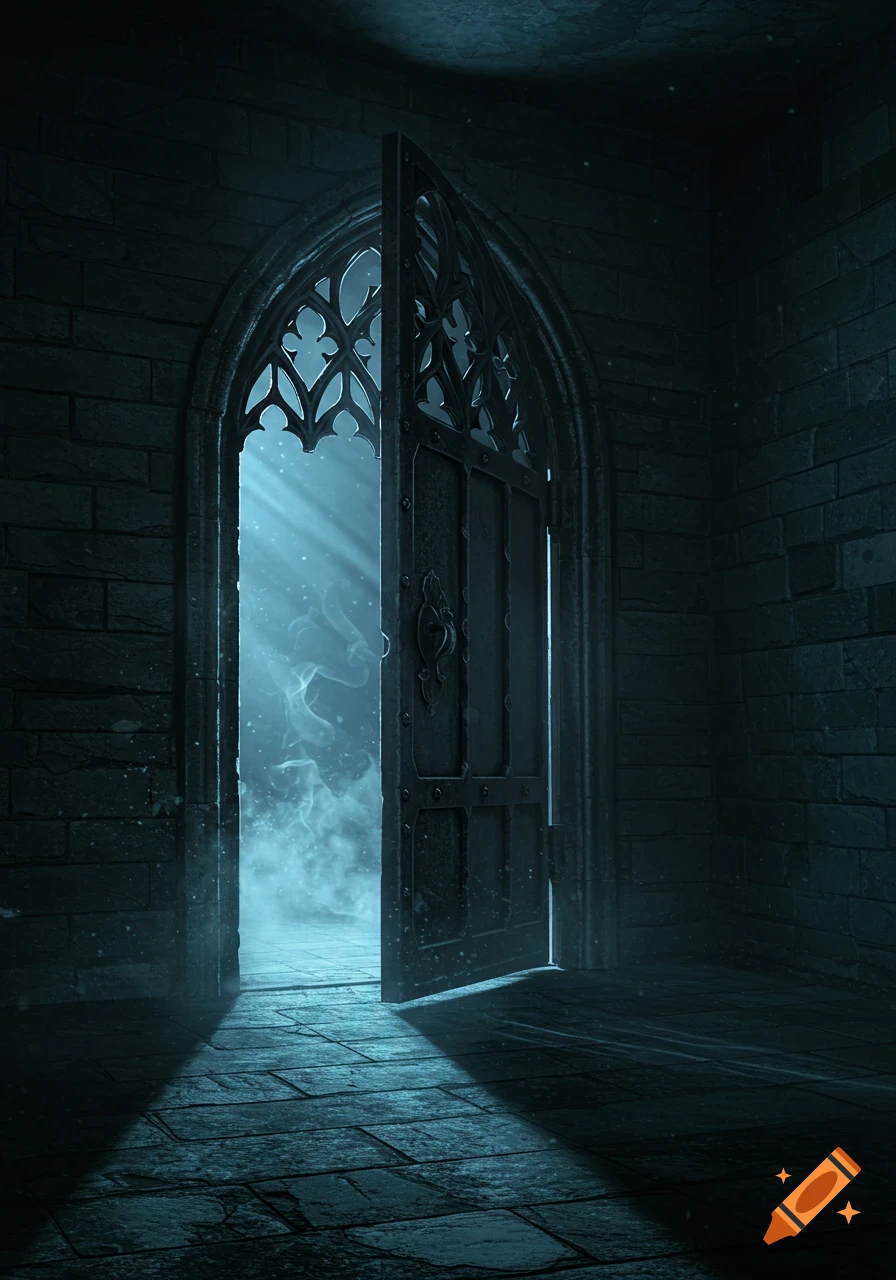 A mysterious, ornate gothic doorway in a dark stone room with bright blue light and smoke emanating from within.