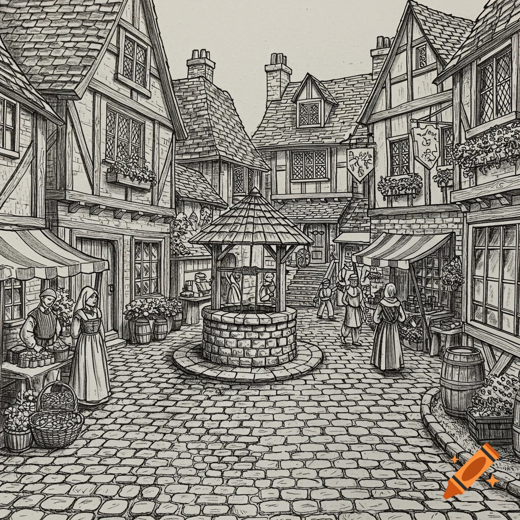 Black and white line art of a medieval market square with cobblestones, a covered well, Tudor-style shops, and people at market stalls.