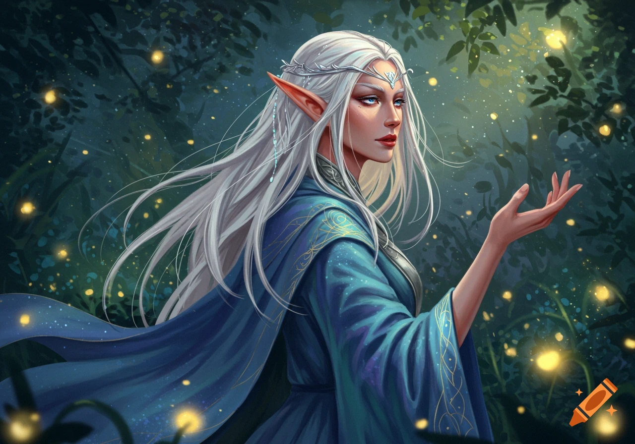 An elven woman with long white hair, a silver tiara, and a blue robe extends her hand in a dark, mystical forest with glowing lights.