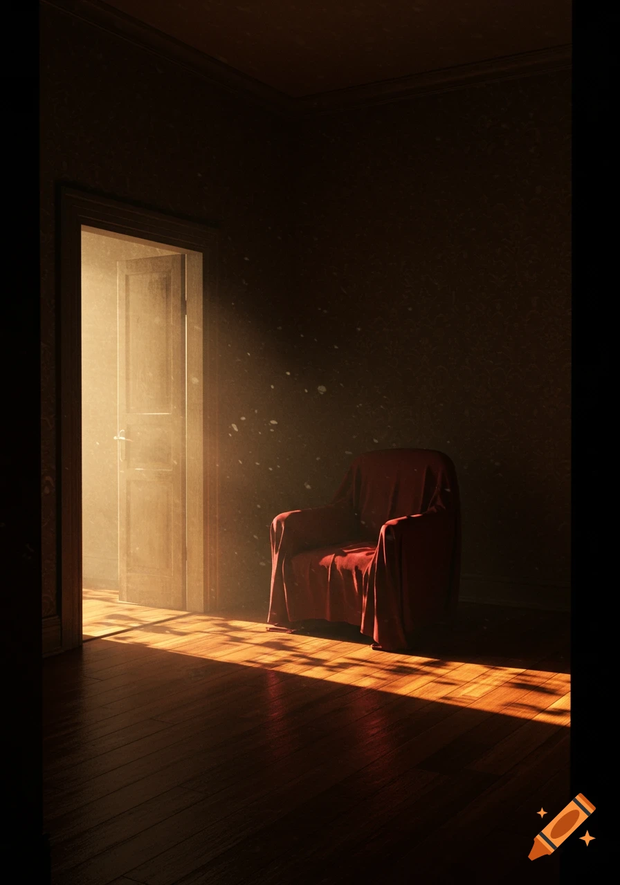 A dimly lit room with a red draped armchair and bright sunlight streaming through an open door, casting shadows on the wooden floor.