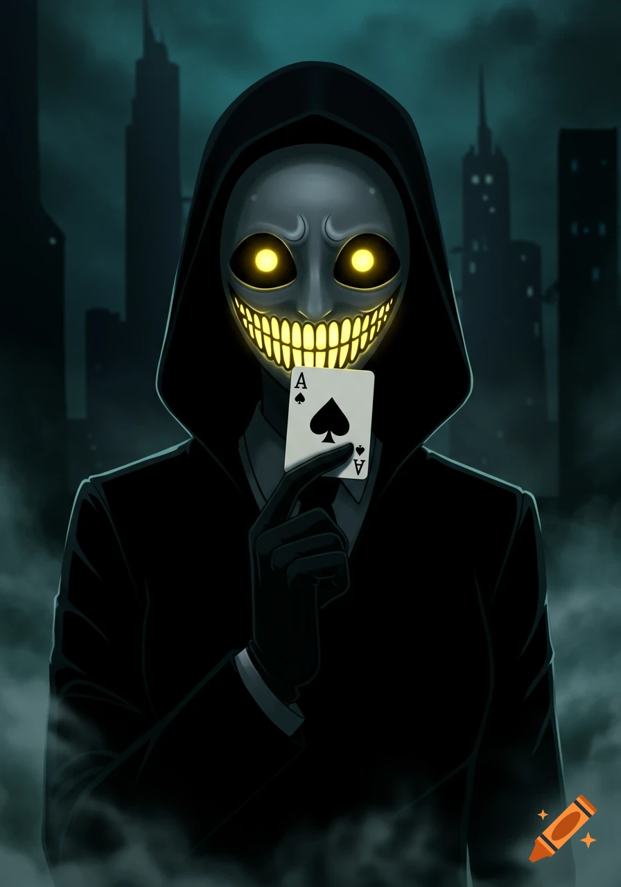 Anime-style character in a black hooded suit and gloves, wearing a gray mask with glowing yellow eyes and sharp teeth, holding an Ace of Spades in a dark city.
