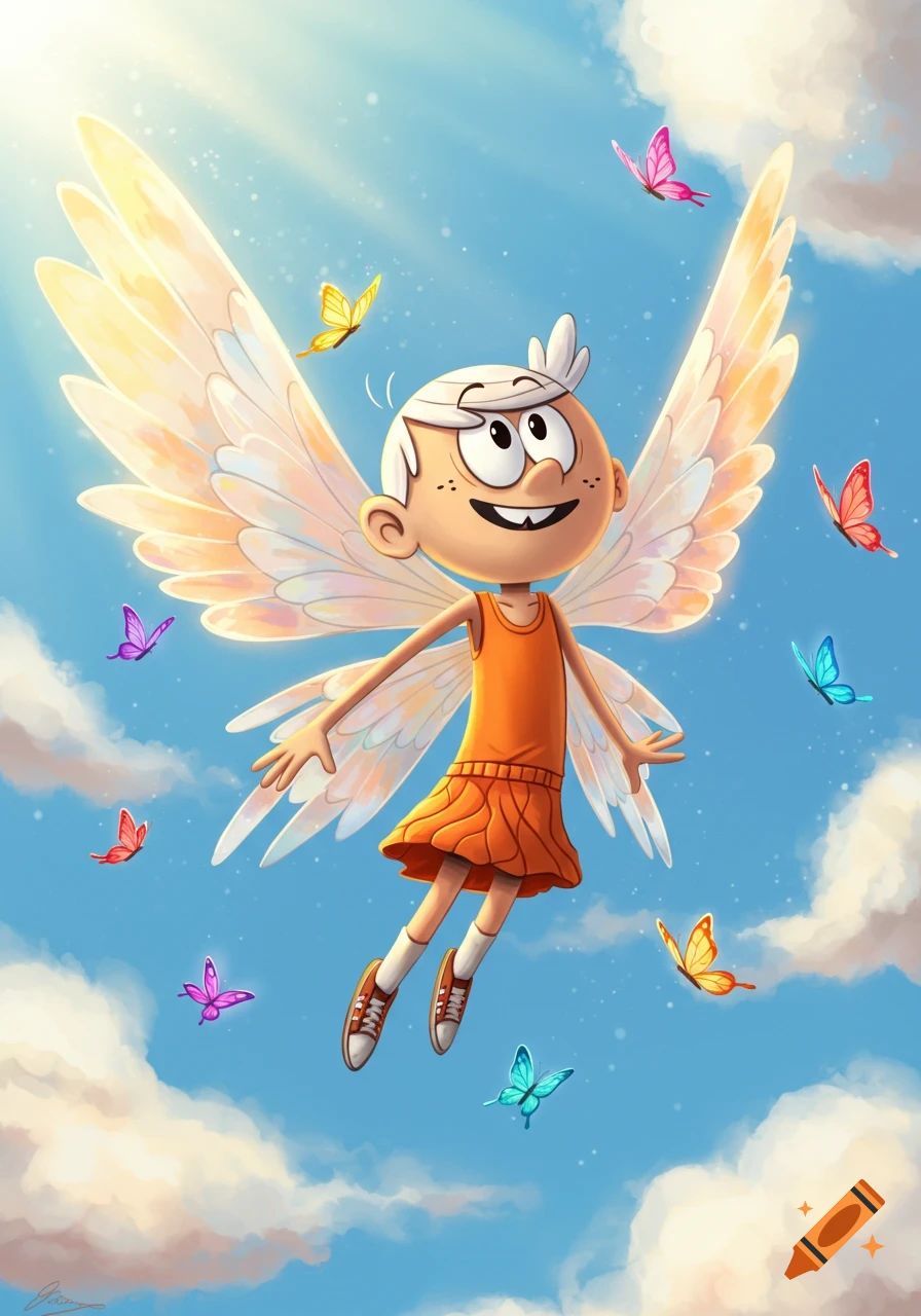 Lincoln Loud with fairy wings flies among colorful butterflies in a sunny sky.