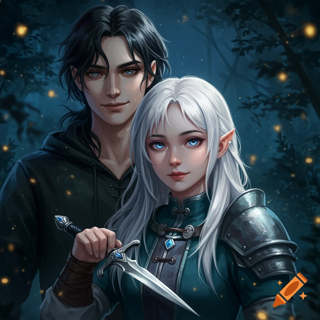 Digital art of a silver-haired elf girl with blue eyes holding a dagger, standing in a dark forest with a smiling black-haired man behind her.