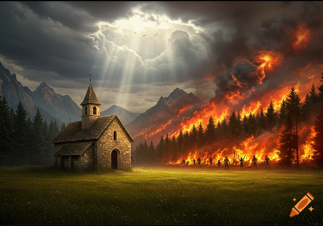 A stone church in a green field with sunrays, while a forest fire burns fiercely in the mountains with shadowy figures dancing among the flames, photorealistic.