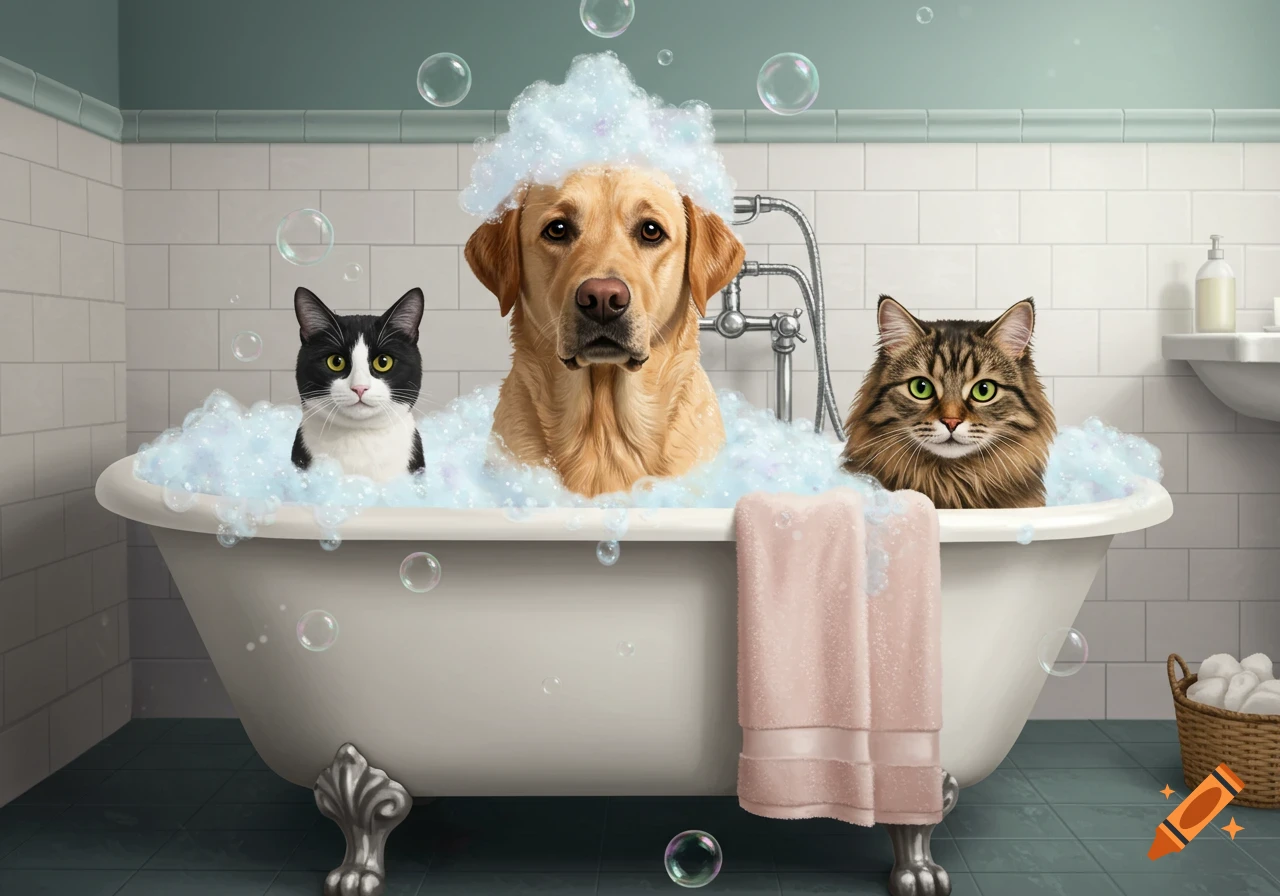 A golden Labrador, a black and white tuxedo cat, and a brown tabby cat sit together in a bubble-filled clawfoot bathtub.
