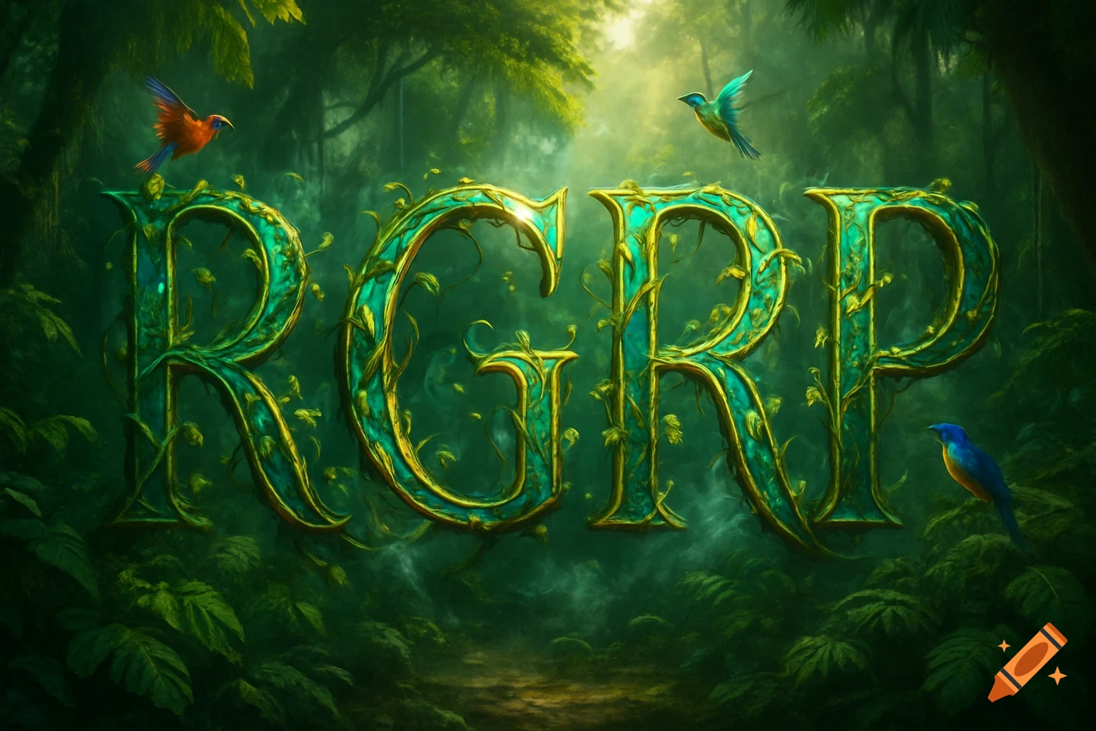 Large, vine-covered green and gold letters 'RGRP' stand in a lush jungle with colorful birds flying around them, in a fantastical, illustrative style.