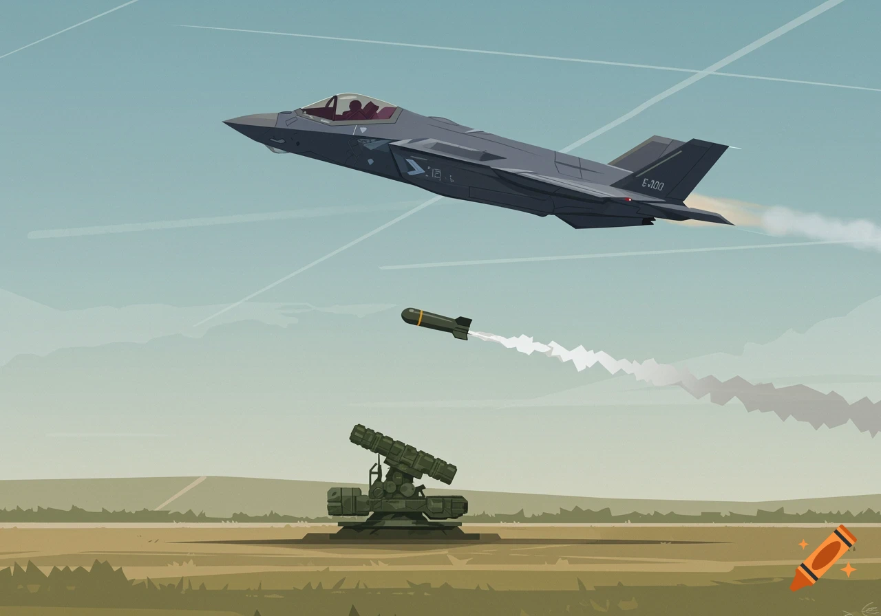 Flat-style illustration of a gray F-35 fighter jet dropping a bomb over a green missile launcher in a desert landscape.