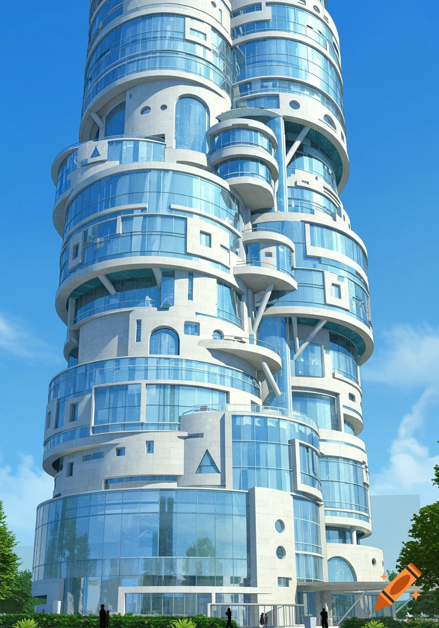 A towering postmodern skyscraper featuring a white facade with numerous blue glass windows and balconies, under a bright blue sky.
