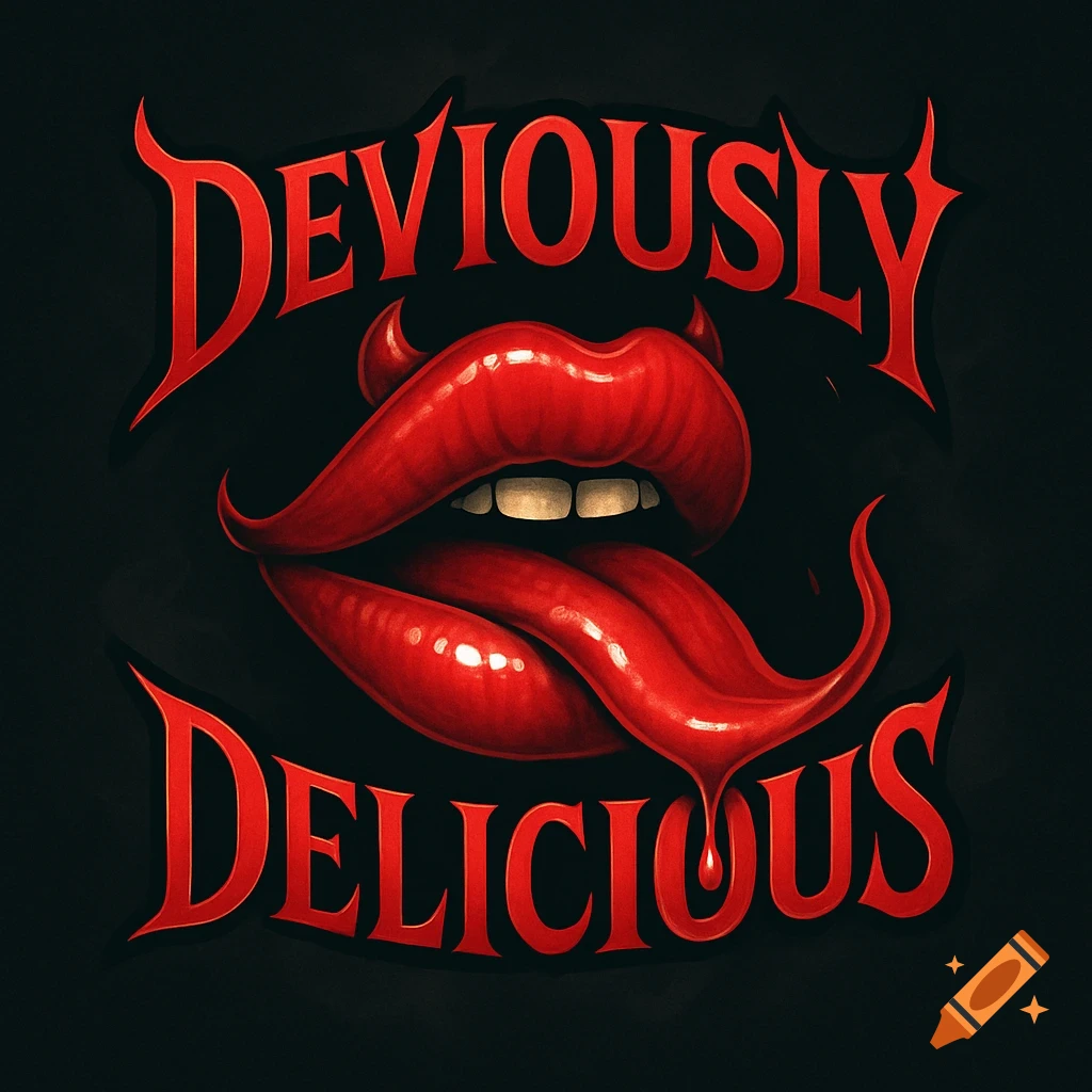 Red lips with devil horns and a dripping tongue above the word 'DEVIOUSLY' and below 'DELICIOUS' in a stylized font.
