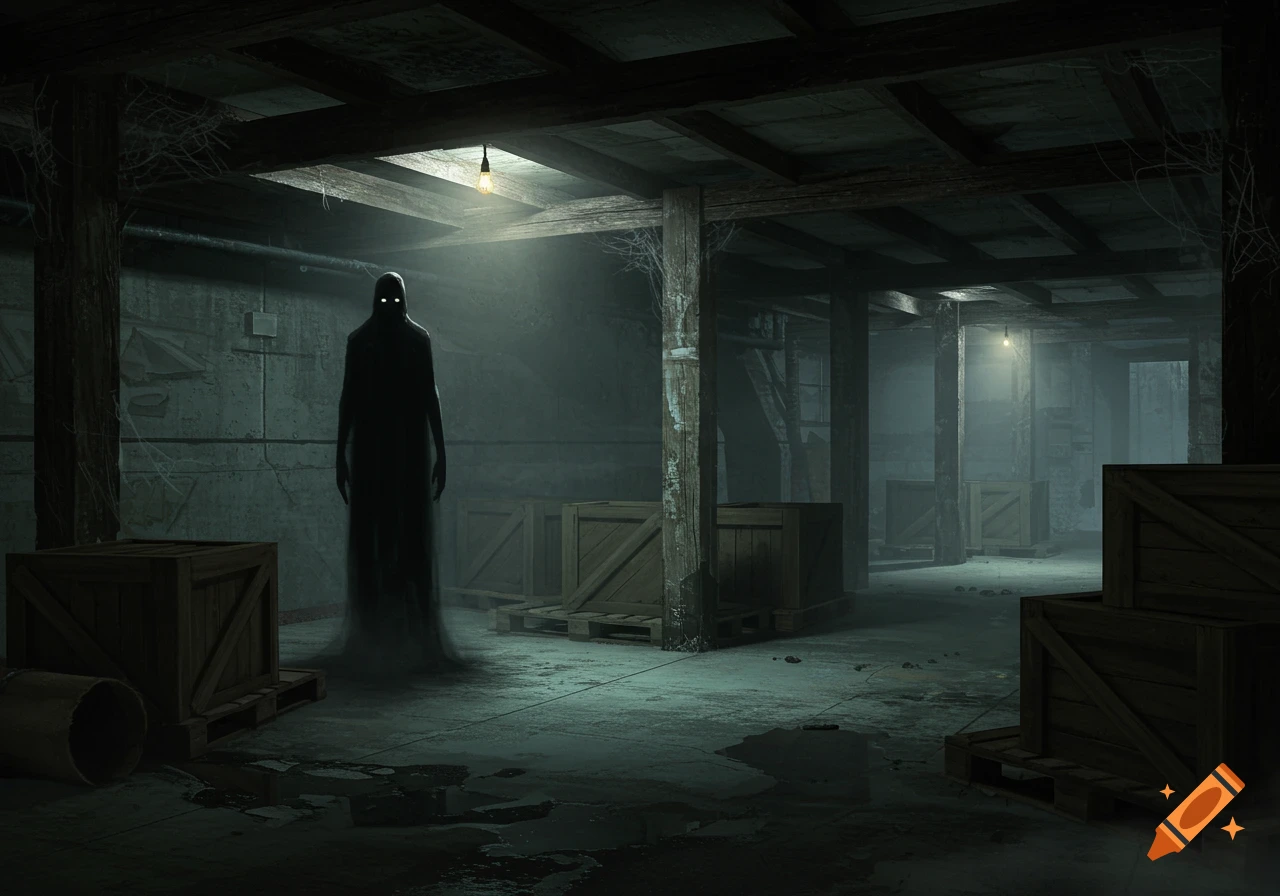 A shadowy figure with glowing eyes stands in a dark, mist-filled abandoned basement with wooden crates and beams.